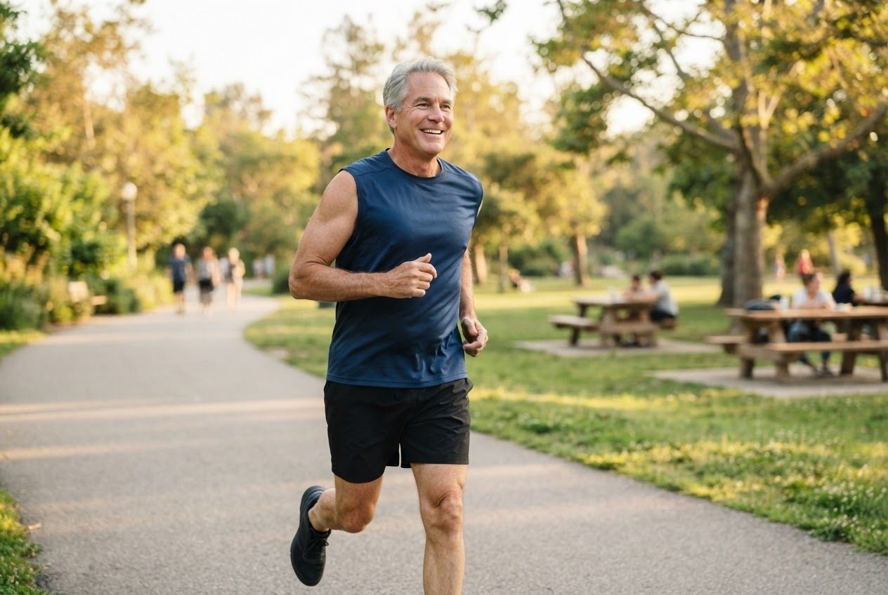 A bare upper arm and shoulder of a runner mid-stride in bright sunlight, nothing worn on the arm
