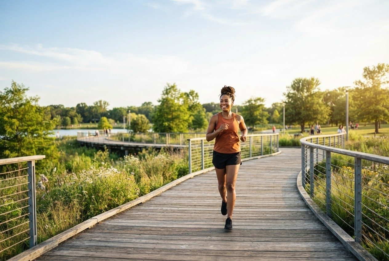 Two empty open hands at a runner's sides, relaxed and carrying nothing at all