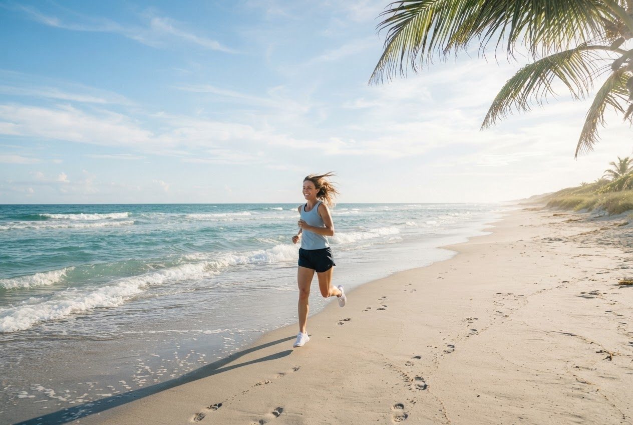 A runner moving happily along clean sunlit sand at the water's edge of a wide American beach, sparkling sea and clear blue sky