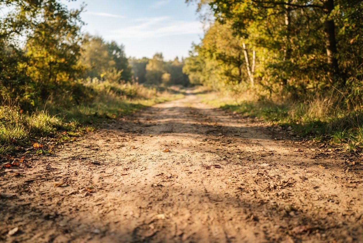 A wide bright view of the running surface itself — clean sand, sunlit trail dirt or bright track lanes — filling the frame
