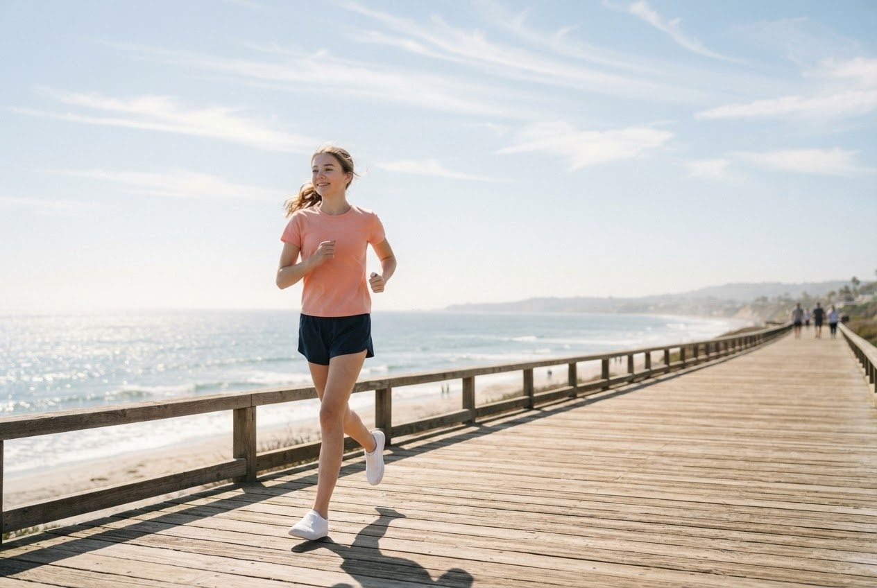 A runner far in the distance on a sunlit open path, the landscape wide and bright around them