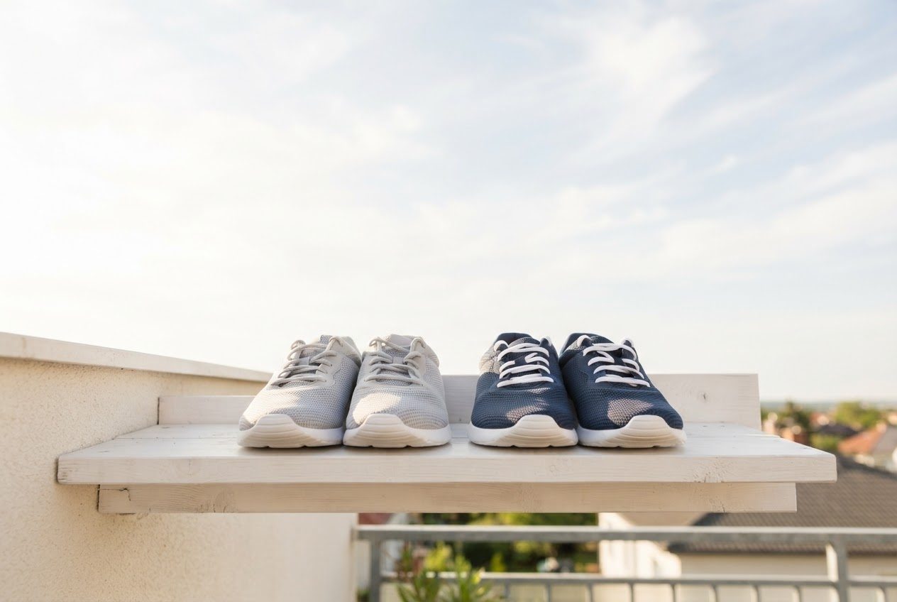 Two pairs of ordinary running shoes side by side on a clean bright shelf in cheerful daylight