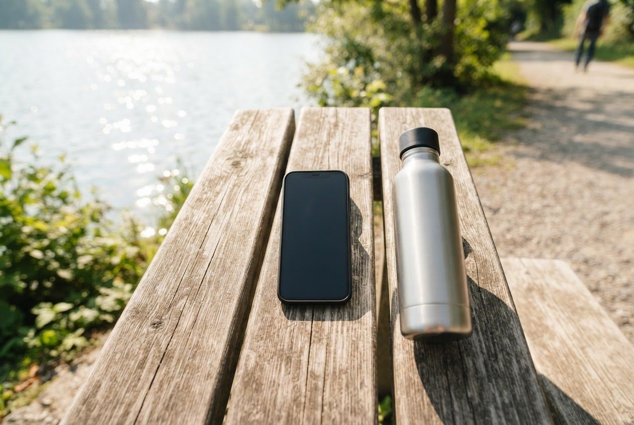 A smartphone lying face up on a park bench beside a water bottle, screen dark and unreadable, morning sunlight across the wood