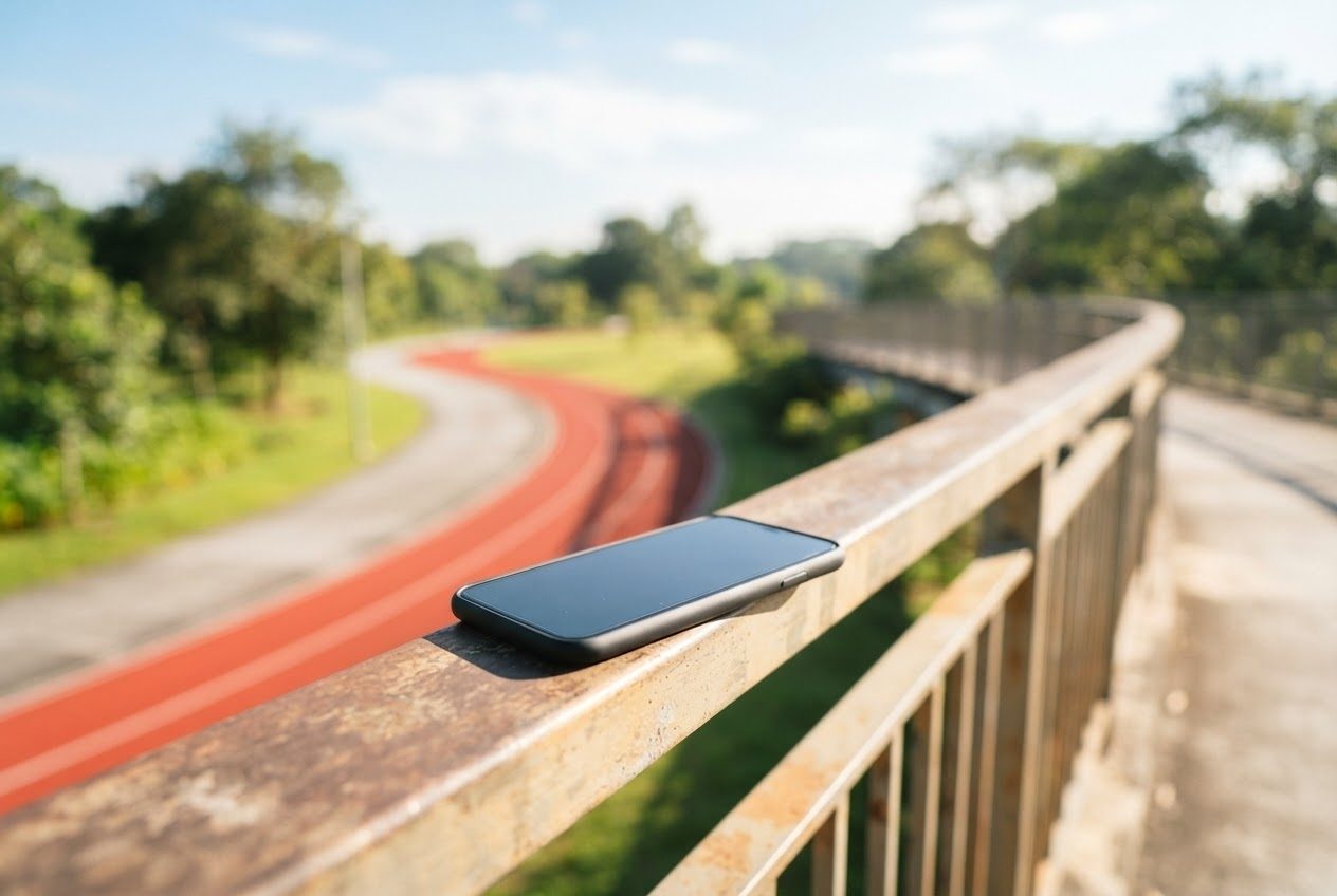 A smartphone resting on a sunny railing overlooking a bright running path