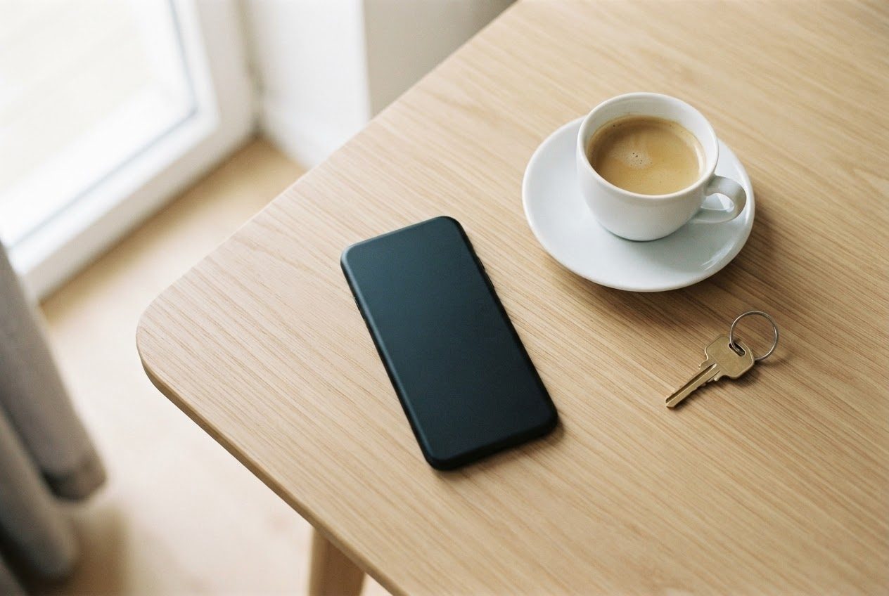 Top-down view of a smartphone face down on a plain desk beside a coffee cup and a house key, calm daylight