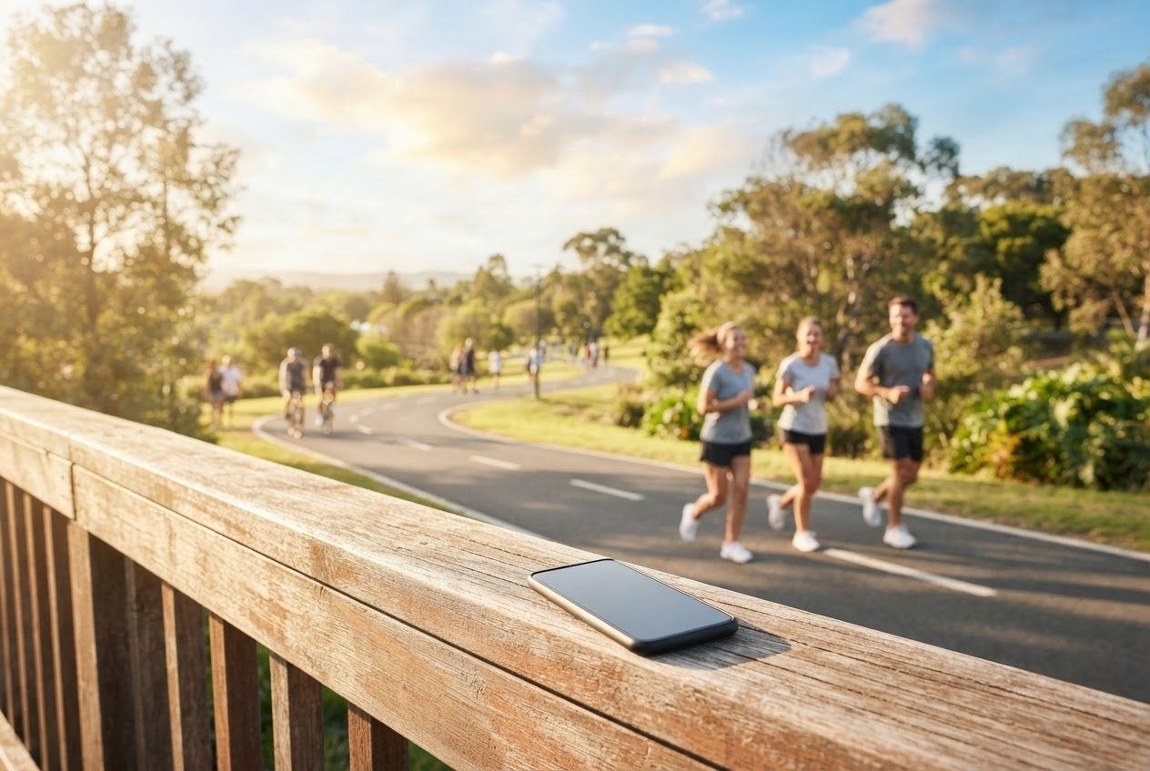A smartphone resting on a sunny railing overlooking a bright running path