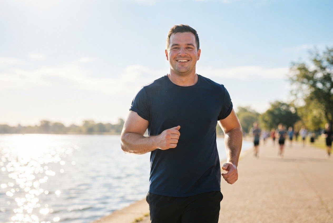 Close view of a broad muscular bare upper arm and shoulder of a larger male runner in warm morning light, nothing worn on the arm