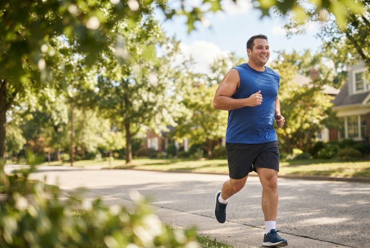 A bare upper arm and shoulder of a runner mid-stride in bright sunlight, nothing worn on the arm