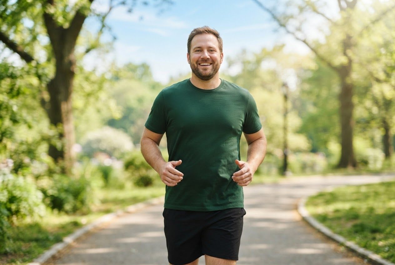 Two empty open hands at a runner's sides, relaxed and carrying nothing at all