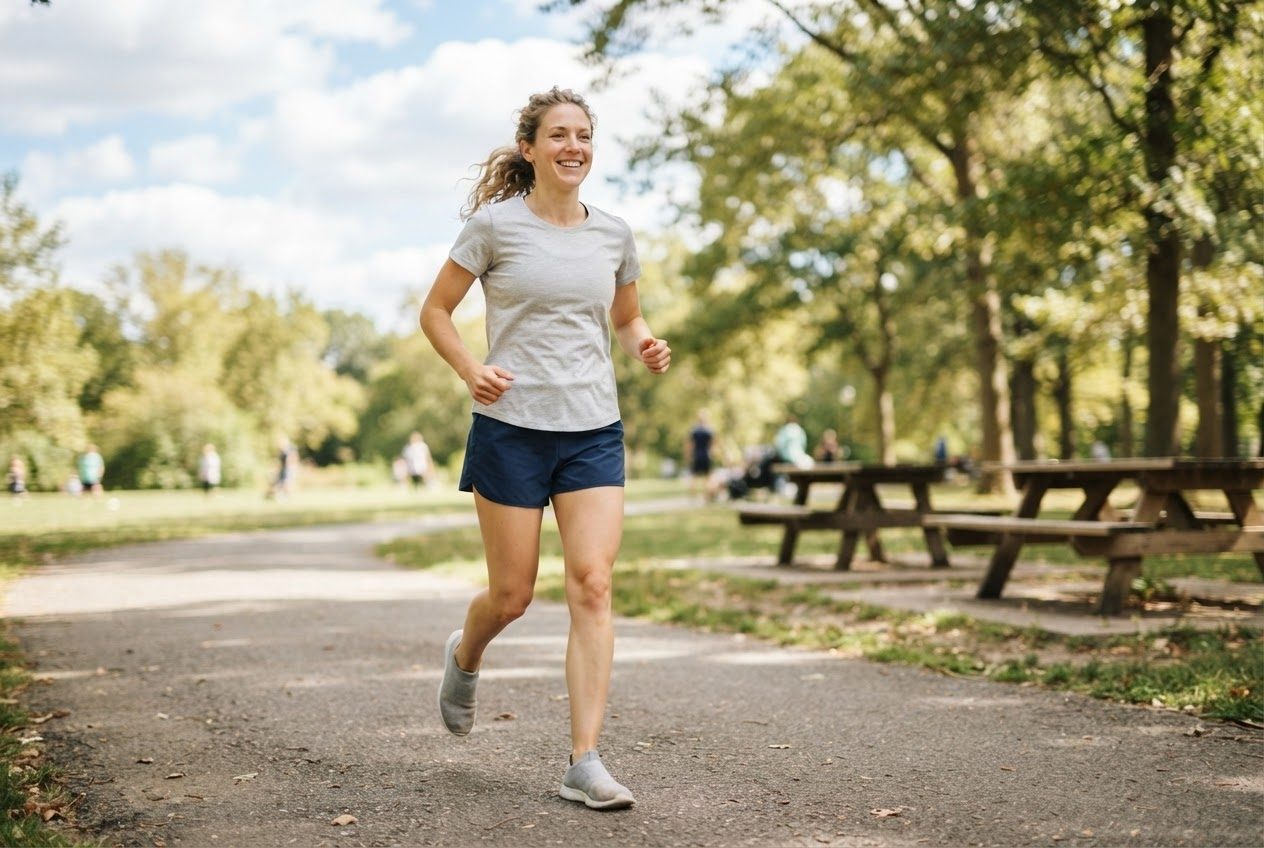 A bare upper arm and shoulder of a runner mid-stride in bright sunlight, nothing worn on the arm