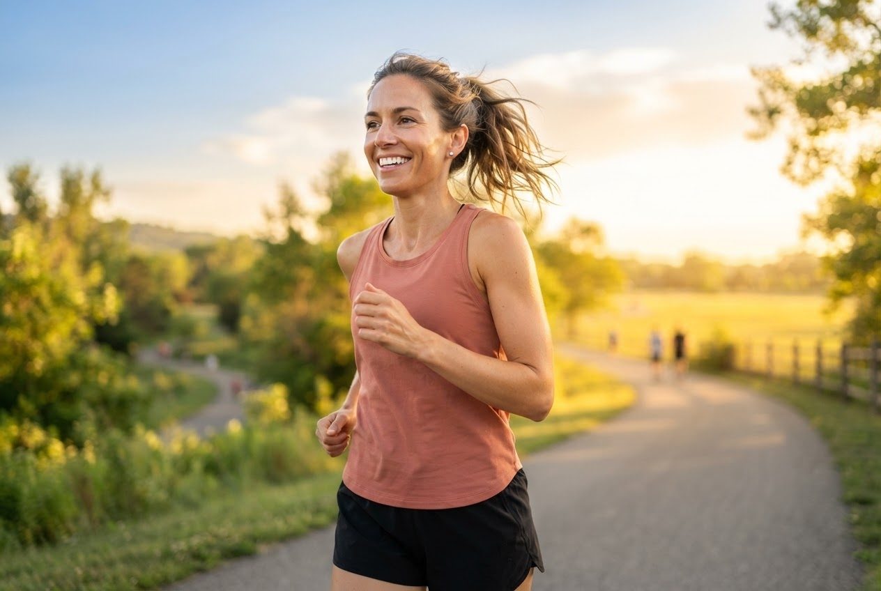 Close view of a woman's slender bare upper arm and shoulder in warm morning light while running, nothing worn on the arm