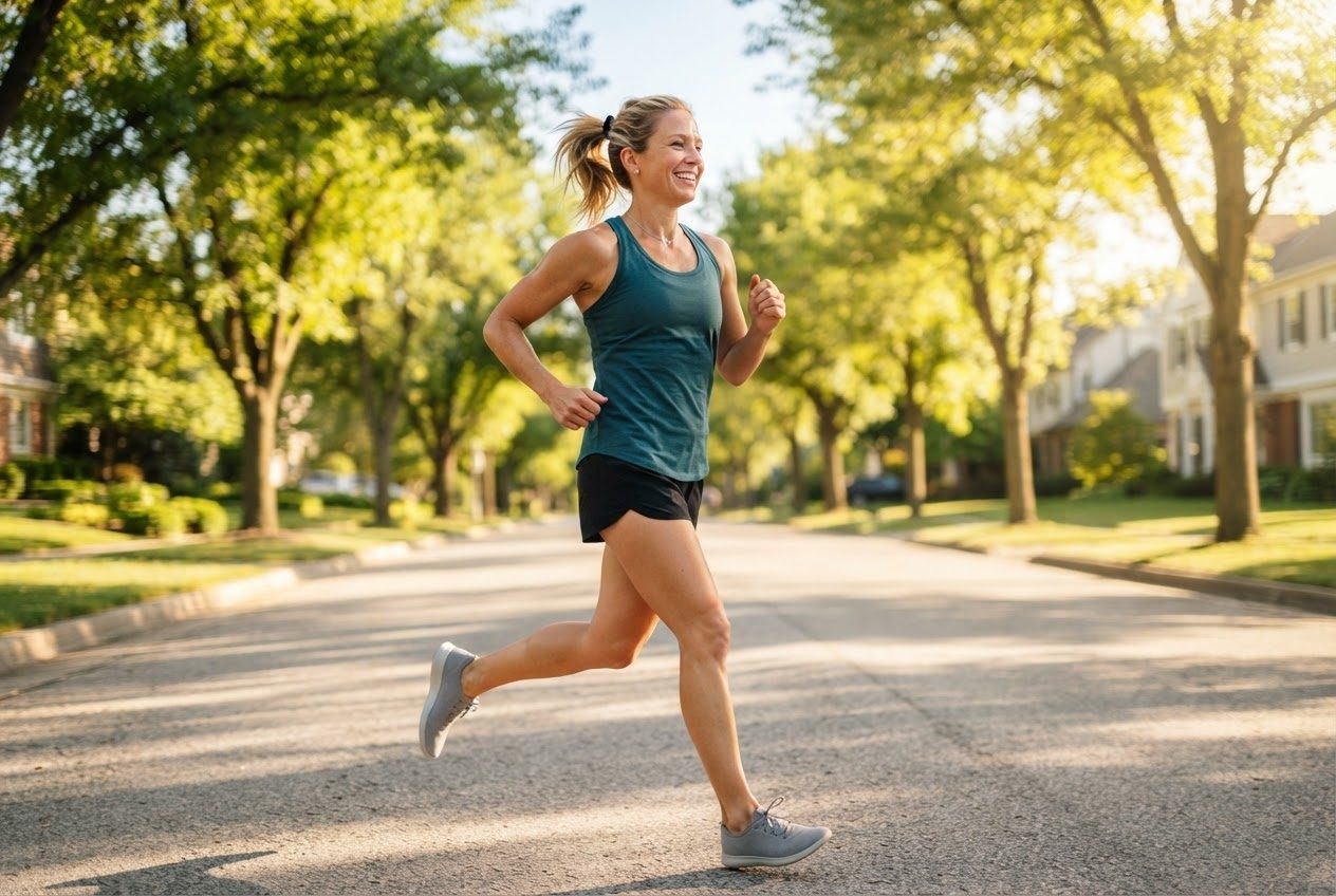 A bare upper arm and shoulder of a runner mid-stride in bright sunlight, nothing worn on the arm
