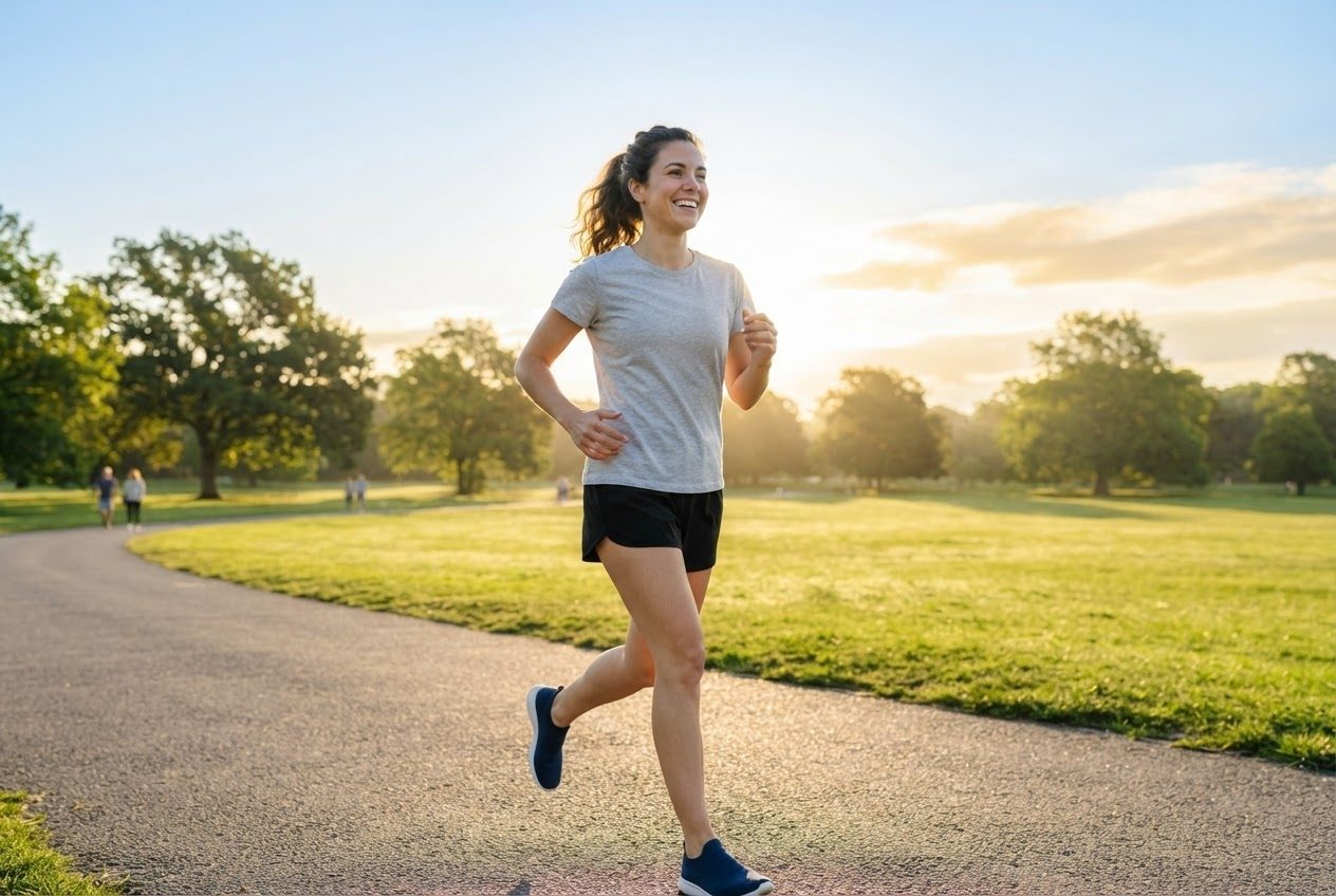 Two empty open hands at a runner's sides, relaxed and carrying nothing at all