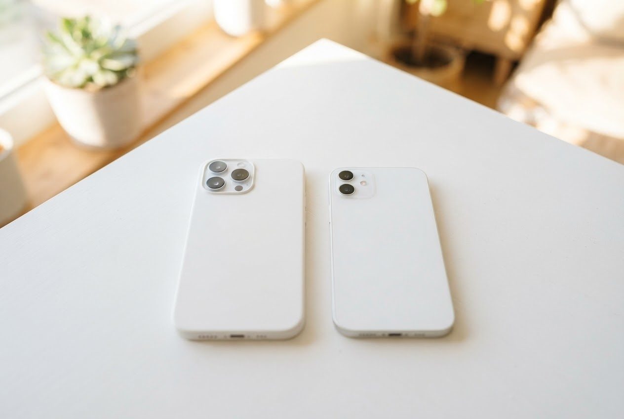 Top-down view of two different-sized smartphones lying face down side by side on a plain table, flat even daylight