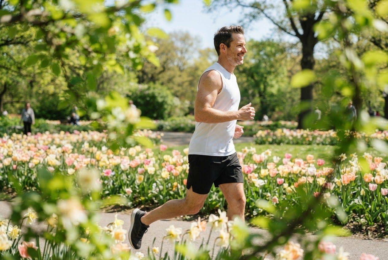 A bare upper arm and shoulder of a runner mid-stride in bright sunlight, nothing worn on the arm