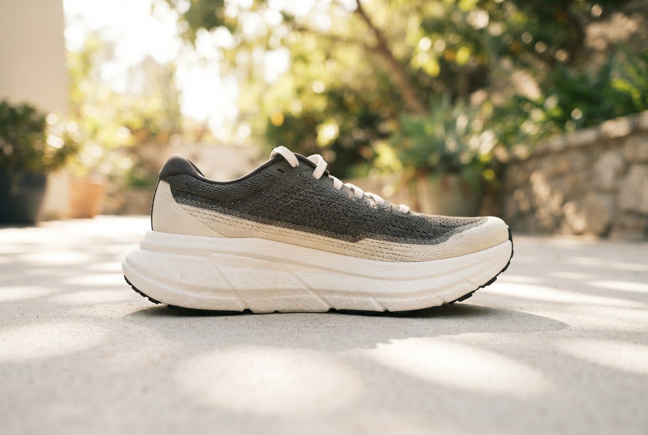 Close side profile of a well-cushioned running shoe on a clean pale surface, showing the thickness of the sole, soft even daylight