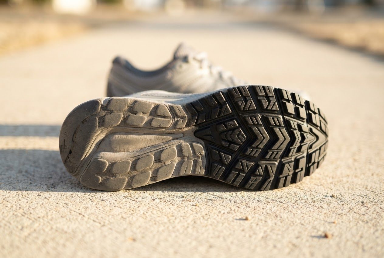 Close view of a running shoe sole in bright light showing worn and unworn tread side by side