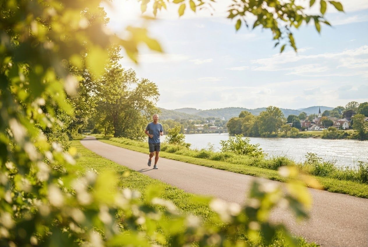 A runner far in the distance on a sunlit open path, the landscape wide and bright around them