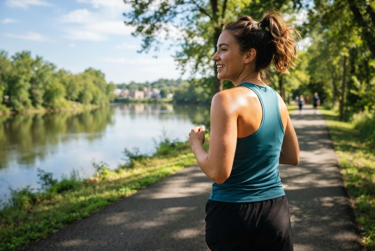 A bare upper arm and shoulder of a runner mid-stride in bright sunlight, nothing worn on the arm