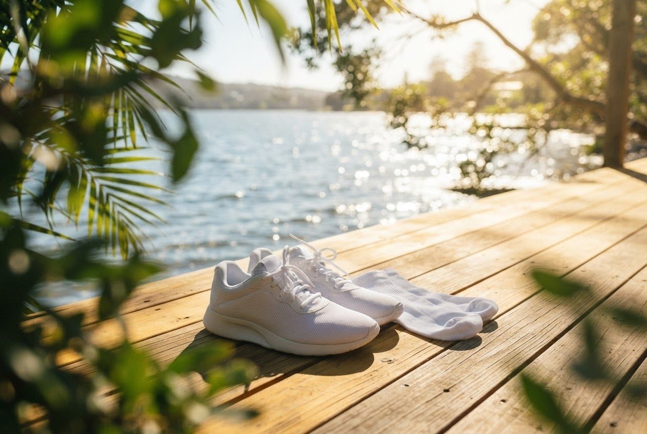 Clean running shoes and socks set down on a bright wooden floor after a run, warm sunlight across them
