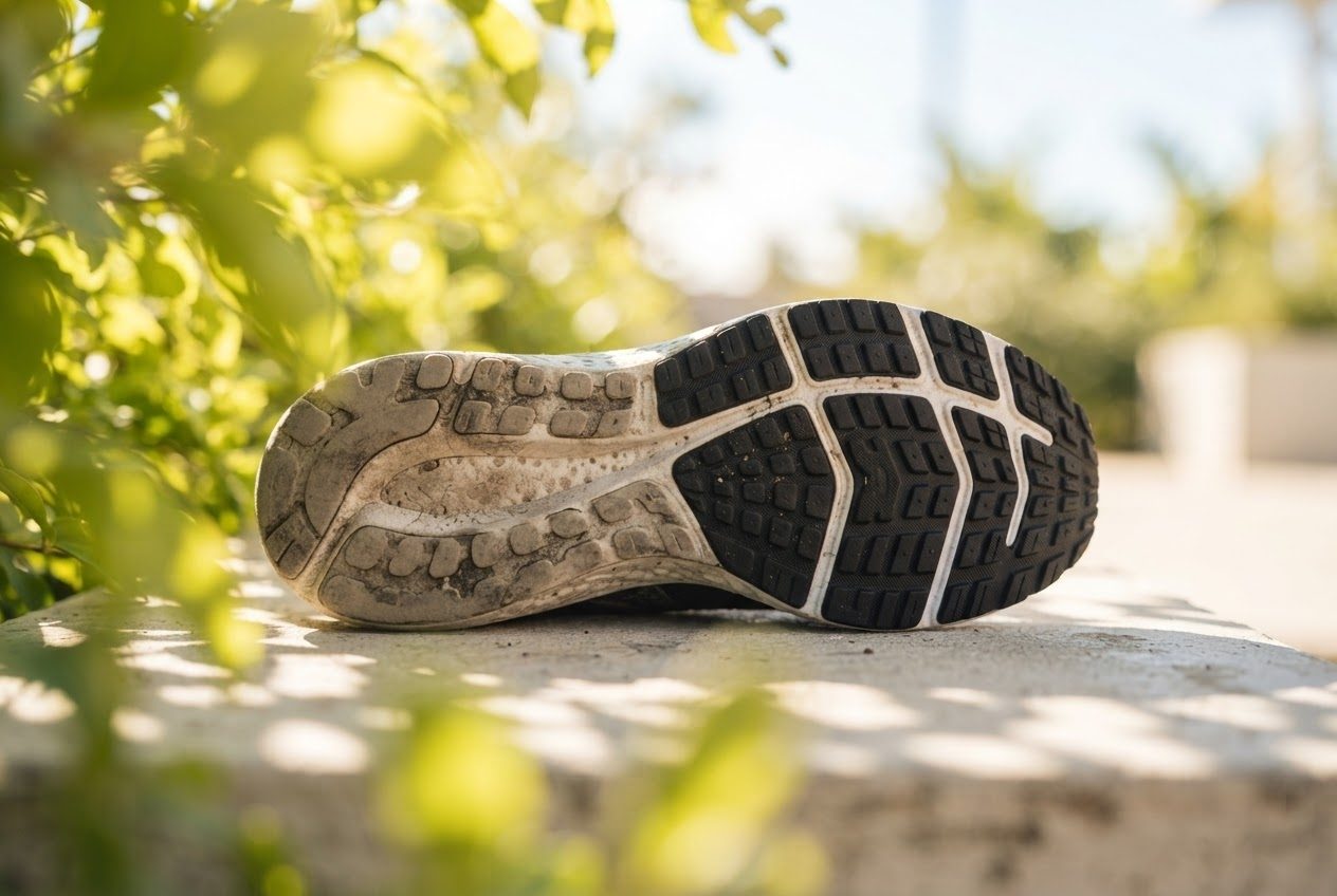 Close view of a running shoe sole in bright light showing worn and unworn tread side by side