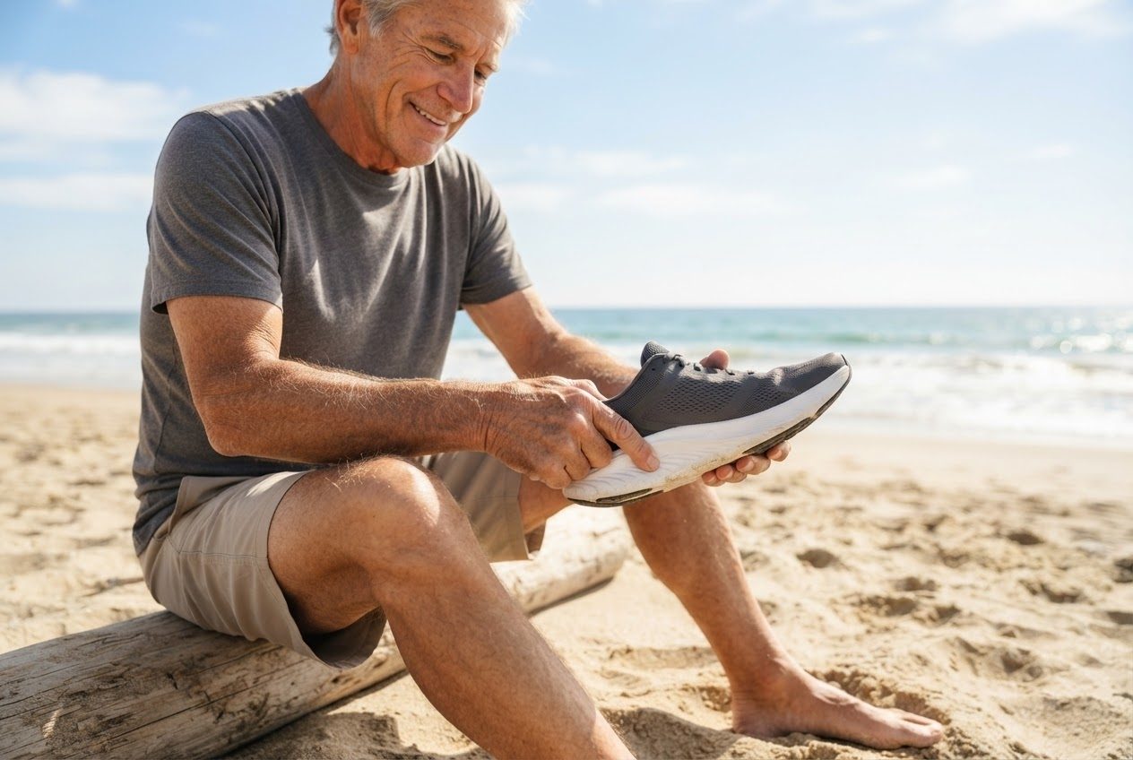 Hands pressing the midsole of a running shoe to test the cushioning, sunny shop light