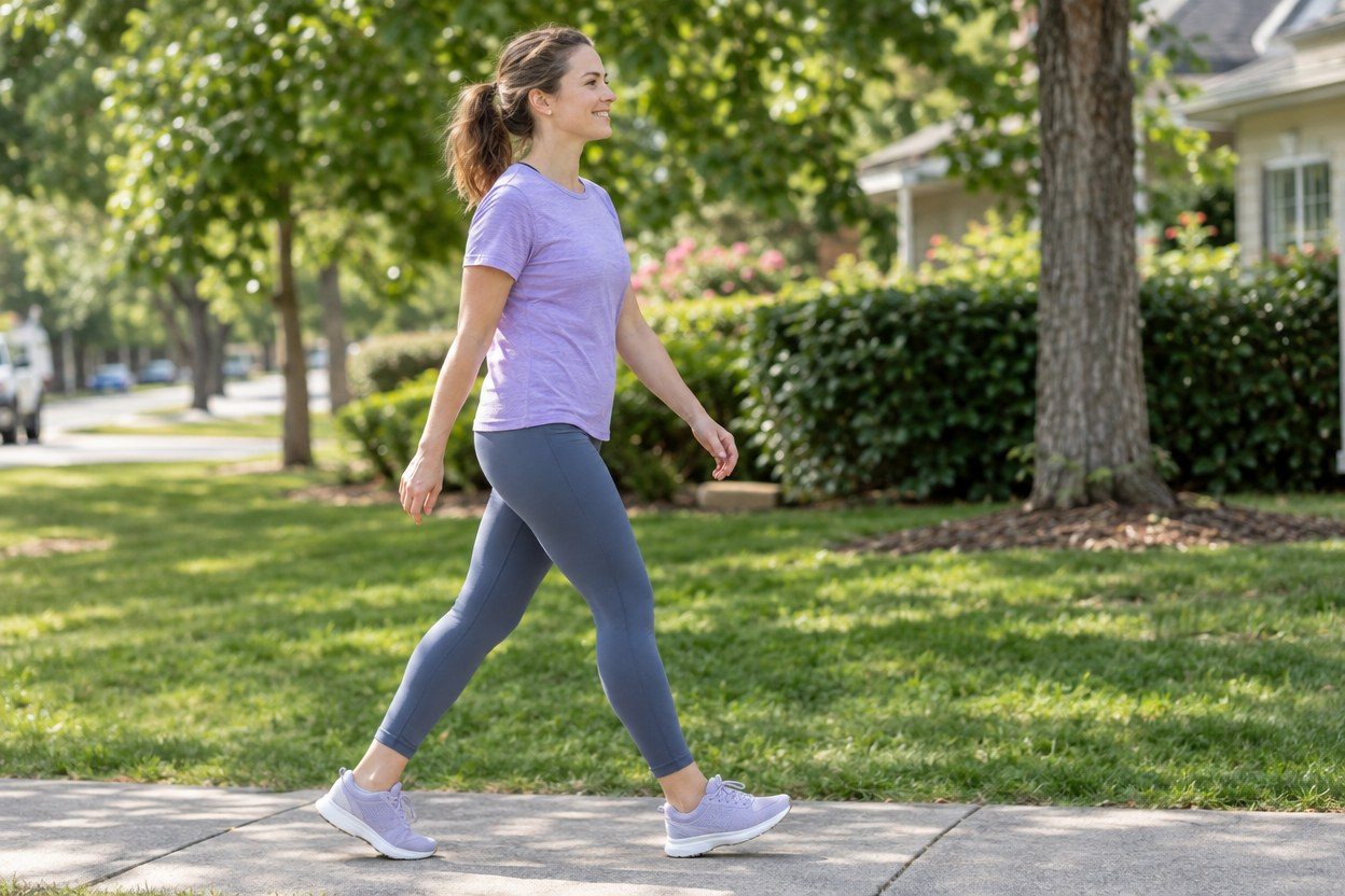 A woman in a lavender T-shirt, gray leggings and lavender sneakers walks along a sunny tree-lined suburban sidewalk, smiling.