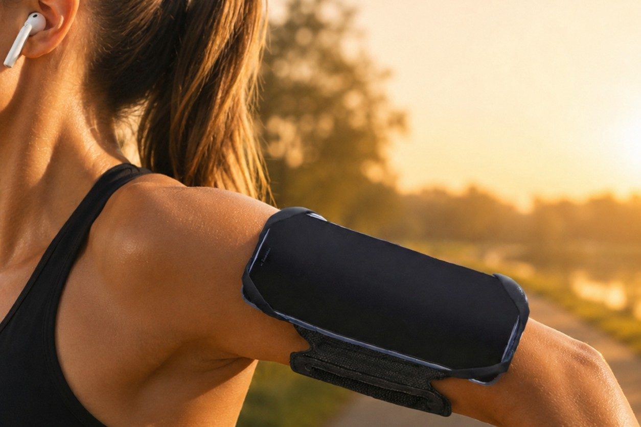 A woman in a black sports top with an earbud runs on a path in warm low sunlight, with a phone in a black holder on her upper arm.