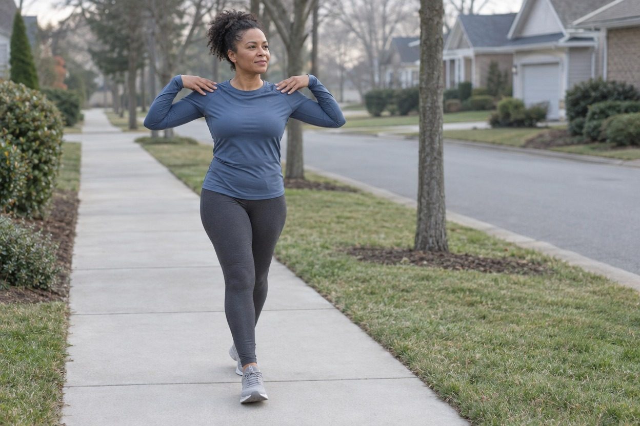 A woman walks briskly along a quiet suburban sidewalk with her fingertips on her shoulders, loosening up before a run