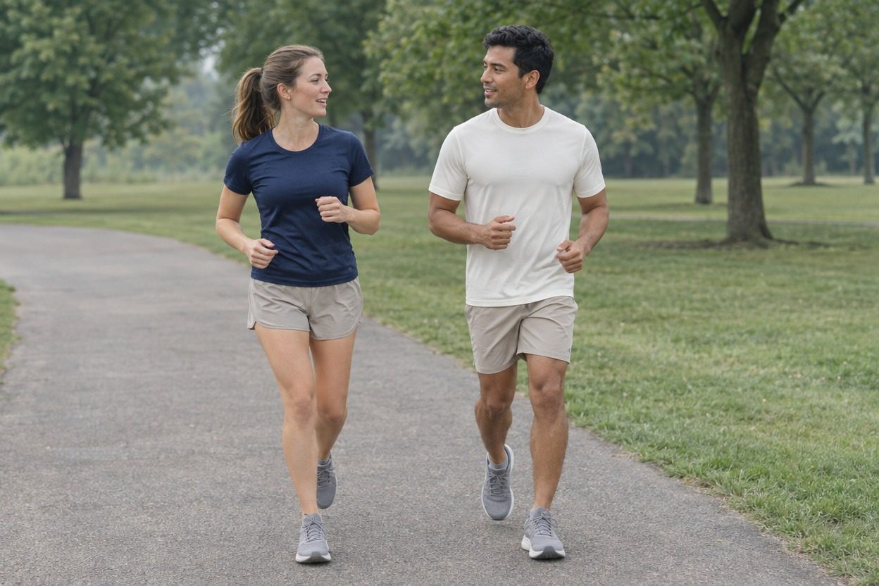 Two friends run side by side at an easy pace on a park path, talking as they go