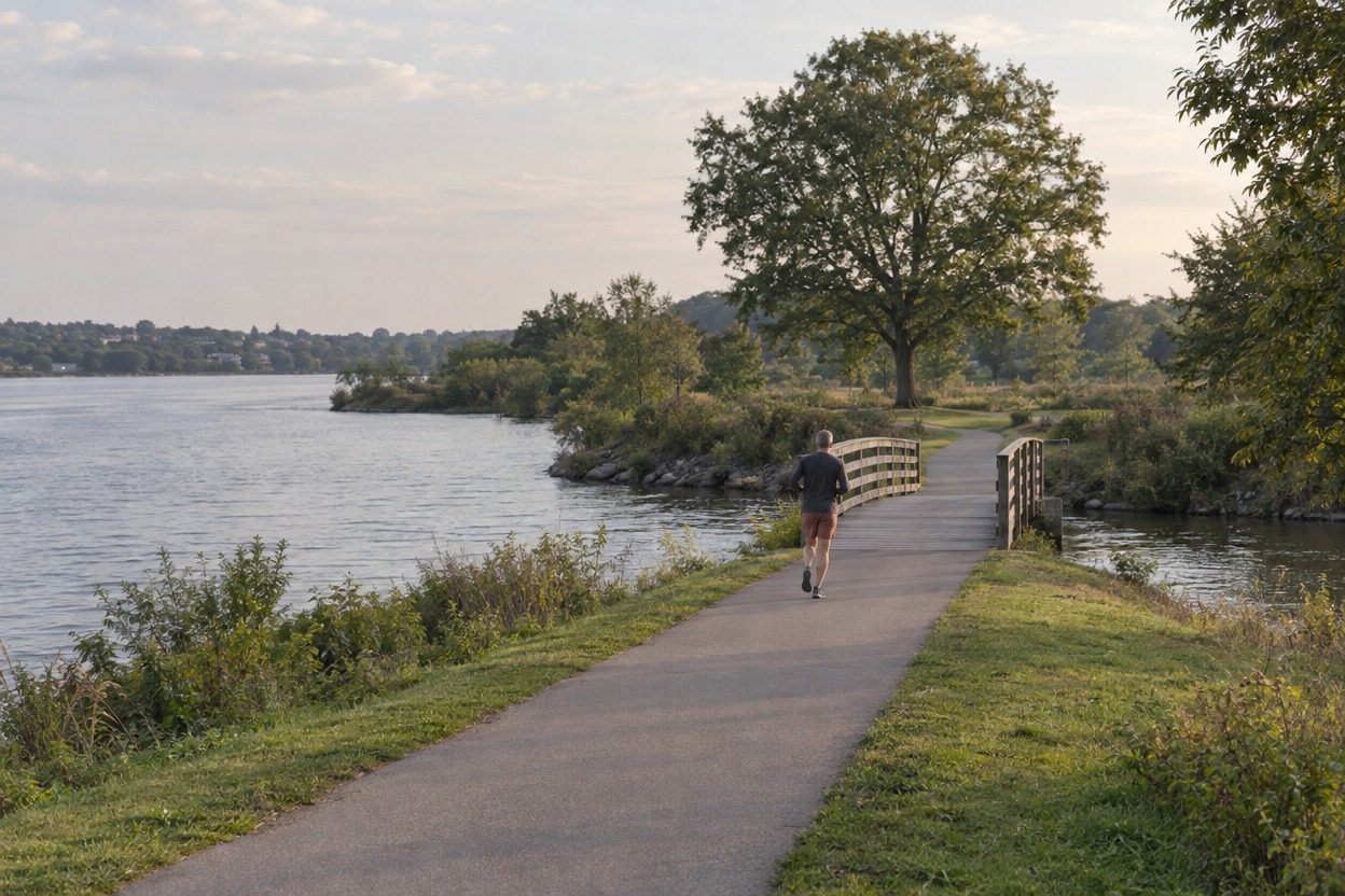 A runner heads along a riverside path toward a small wooden footbridge and a large tree beyond it