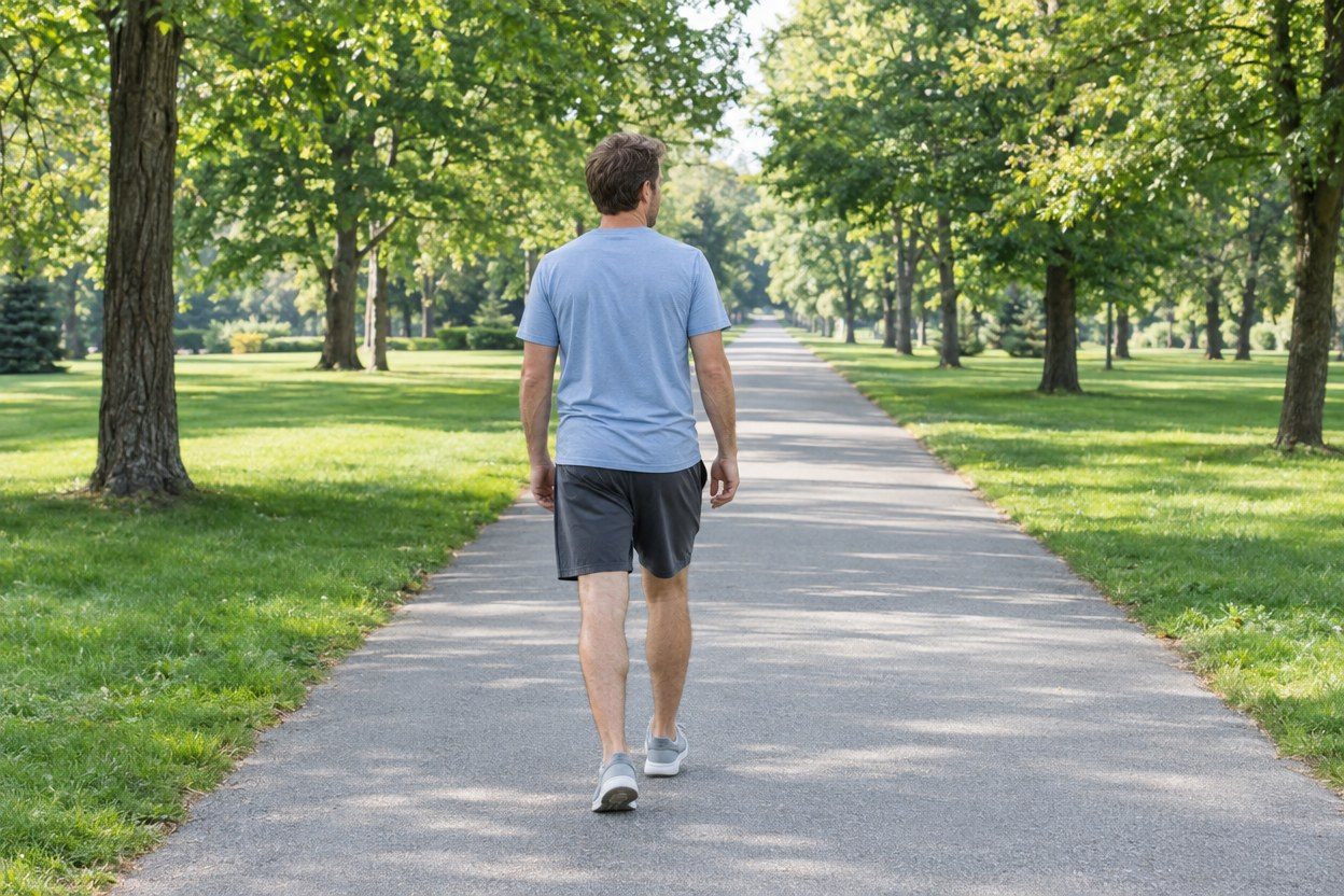 Rear three-quarter full-body view of a white American man in a soft blue shirt and charcoal shorts walking along the center of a broad park path, body and feet aligned with the pat