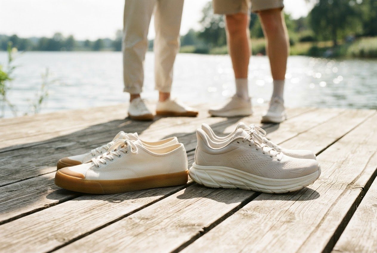 A plain canvas everyday sneaker and a cushioned running shoe placed side by side on a light wooden floor, honest comparison, daylight