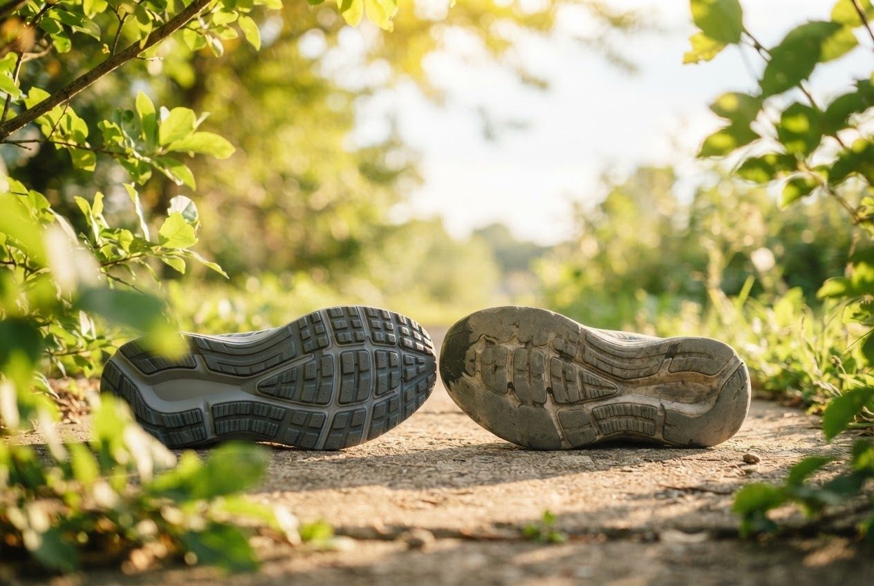 Close view of a running shoe sole in bright light showing worn and unworn tread side by side