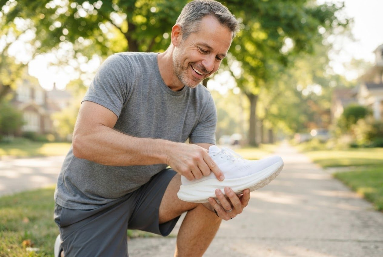 Hands pressing the midsole of a running shoe to test the cushioning, sunny shop light