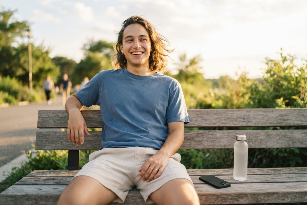 A smartphone lying face down on a sunny bench beside a water bottle, bright clean light