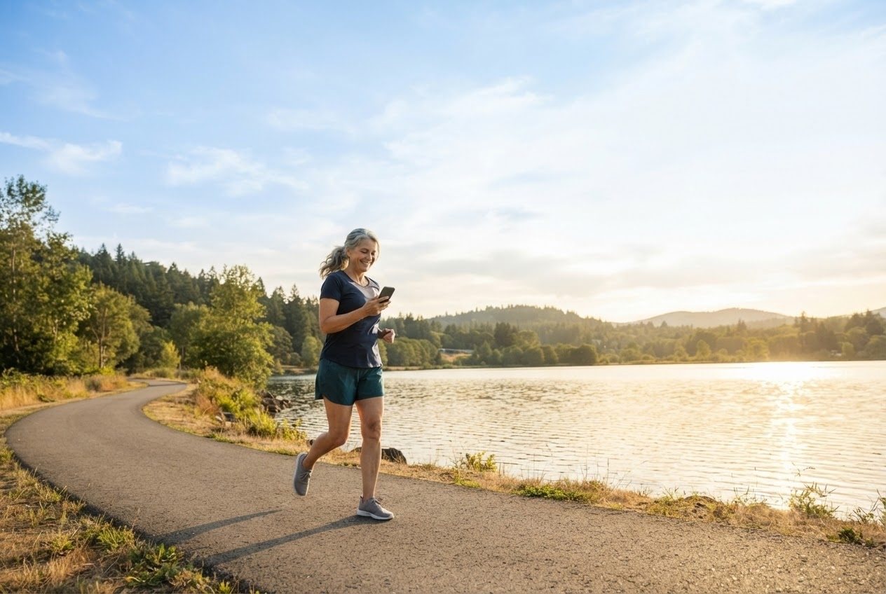 A hand gripping a phone mid-run with the arm swing visibly restricted, the runner glancing at it awkwardly