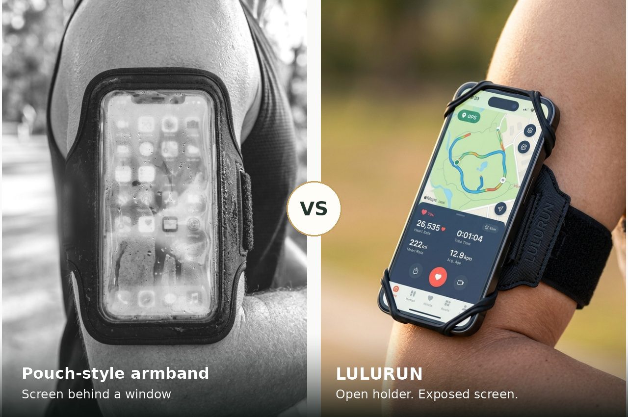 Side-by-side arm close-ups show a screen-window pouch and a LULURUN open phone holder, with a VS label between them