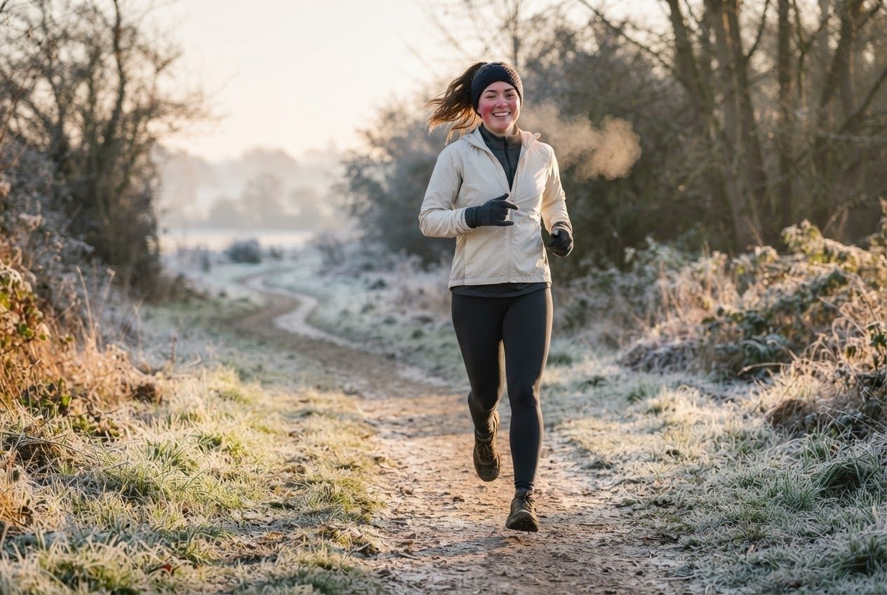 A woman in layers, gloves and an ear band running on a frosty morning path, breath clouding in the cold air, cheeks pink and smiling