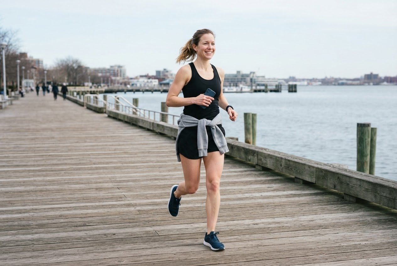 A runner smiling into the sun at the turnaround point of their route