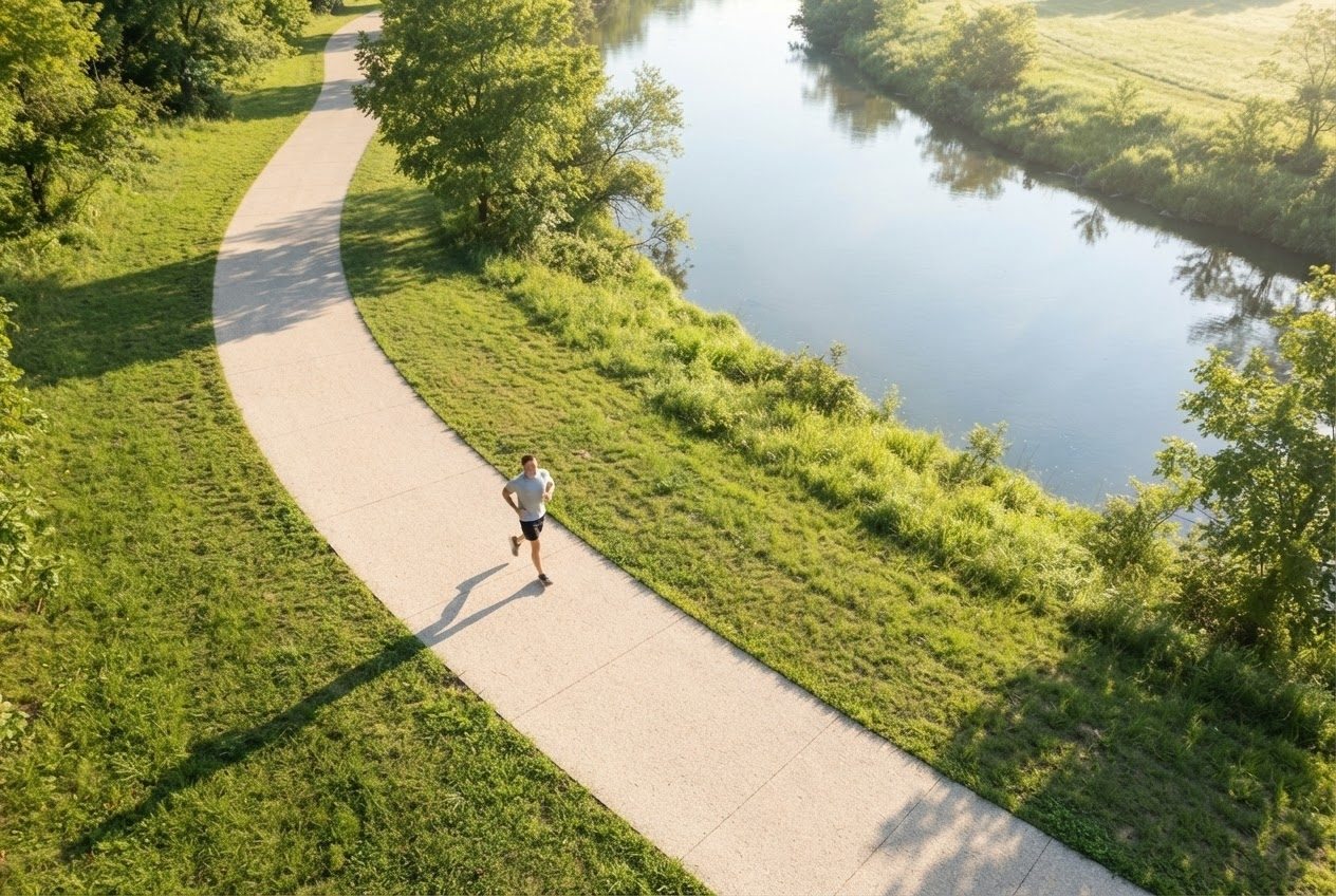 High overhead view looking down on a winding riverside running path with a single runner far below, long morning shadows
