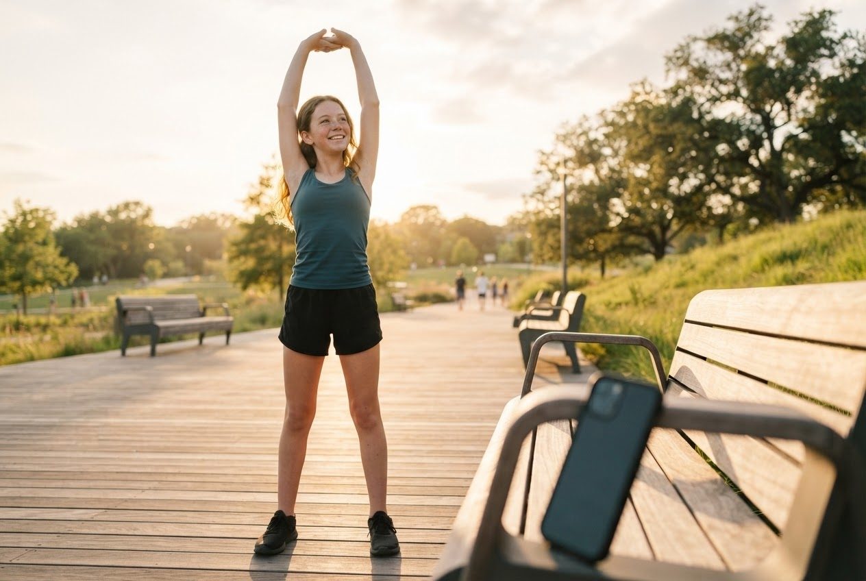 A phone propped on a park bench arm while its owner stretches nearby in the sun