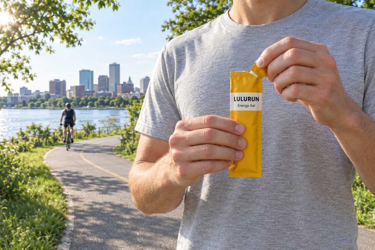 A runner tears open an energy gel packet during a pause on a sunny riverside running path
