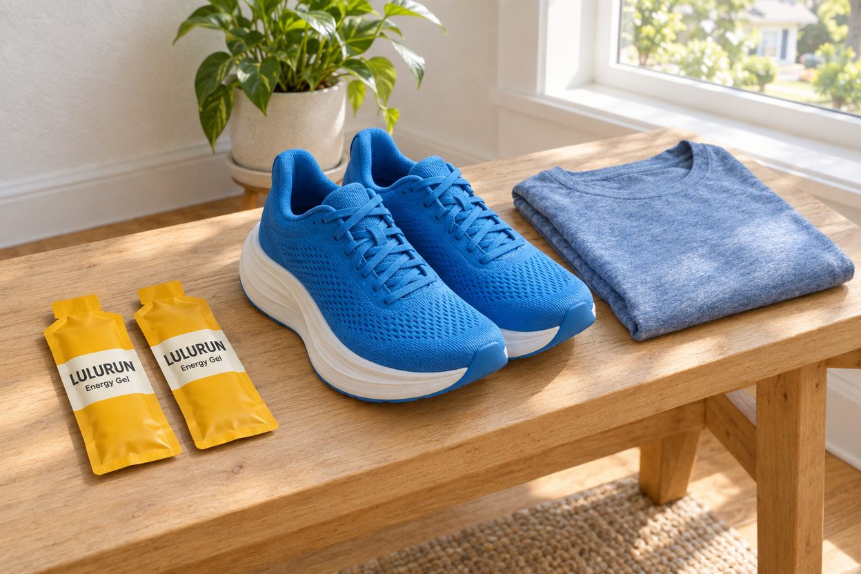 Two energy gel packets laid out next to running shoes and a folded t-shirt the evening before a 10K