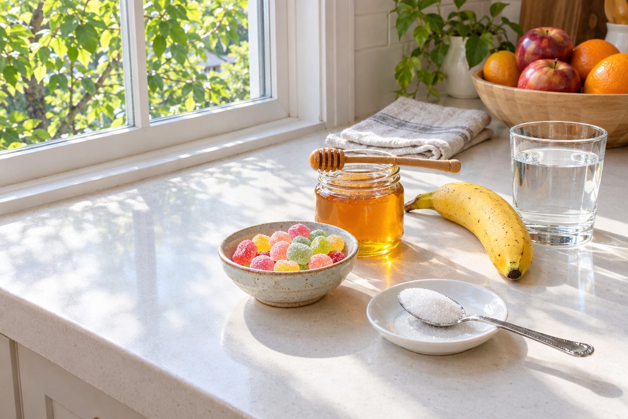 Honey, jelly candies, a spoonful of sugar, a banana and a glass of water on a bright kitchen counter