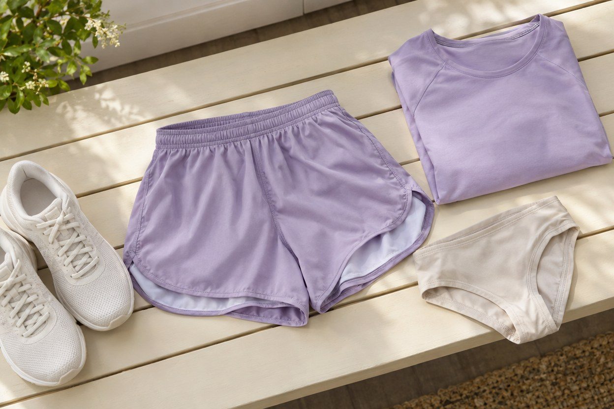 Lavender running shorts and a folded shirt, beige briefs, and white shoes lie on a cream wooden bench beside a plant