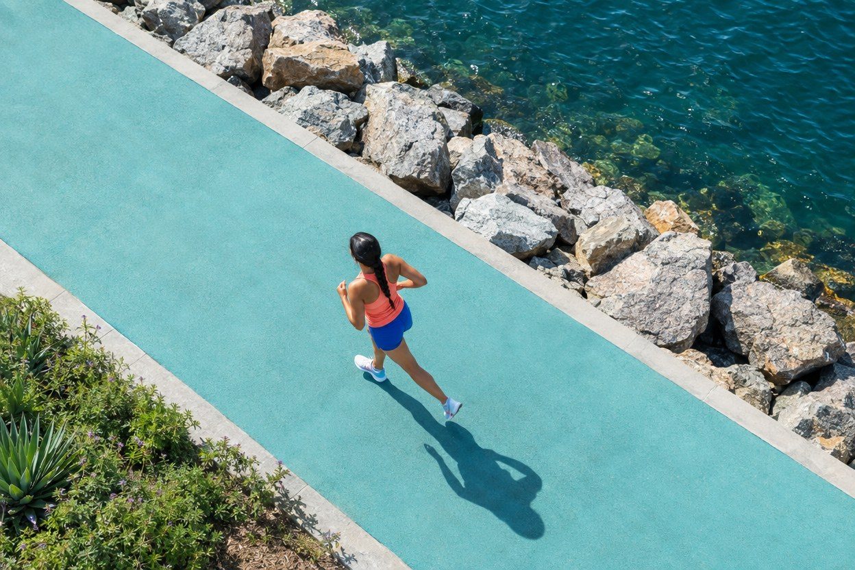 True overhead wide shot of a Hispanic American woman with a long braid, coral top and cobalt shorts, jogging on a turquoise San Diego waterfront path; face not dominant, bright cle