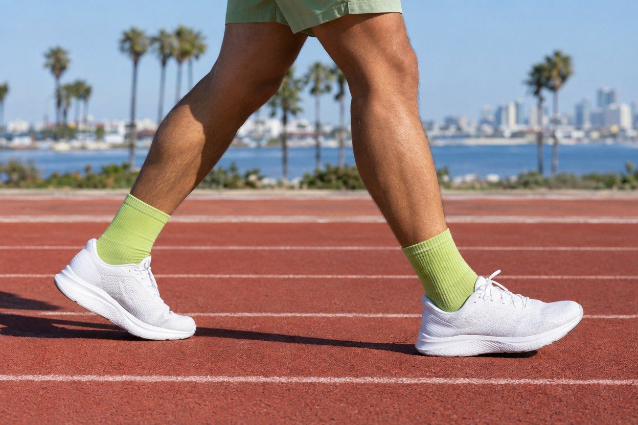 Ground-level tight side detail of one adult runner walking left to right on a sunny San Diego track, cropped below the knees, lime socks and plain white running shoes, realistic fe
