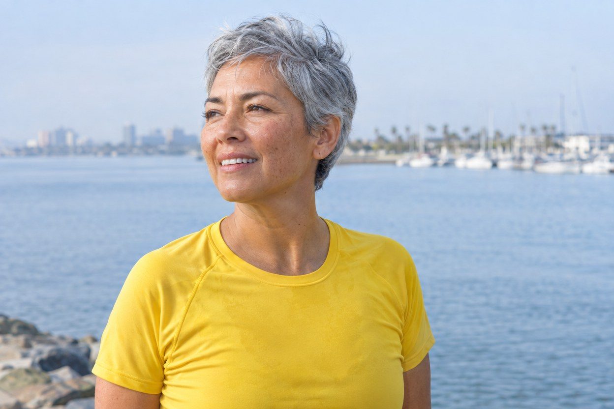 Chest-up left-profile portrait of a Hispanic American woman in her fifties with a silver pixie haircut and sunflower-yellow running top, smiling gently after an easy run by San Die