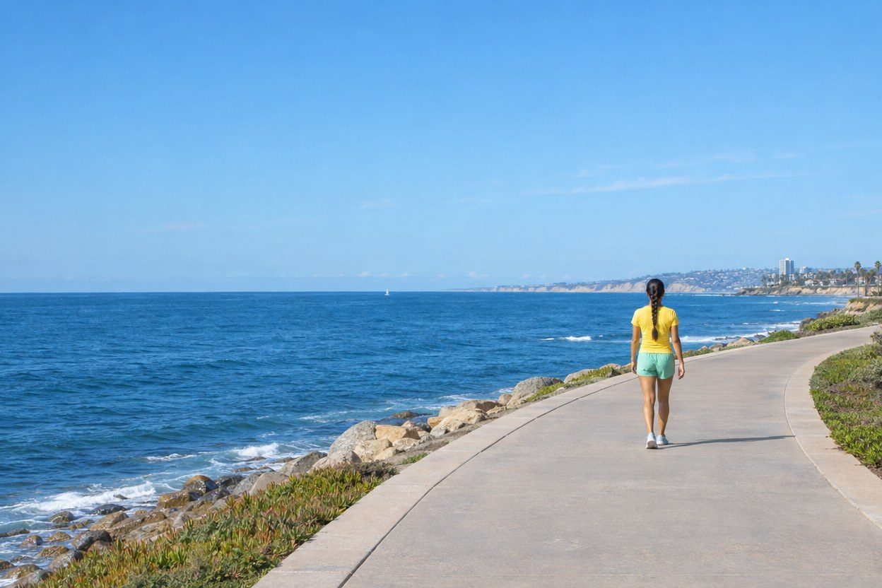 Distant rear-view wide editorial photograph of an adult woman with a long braid in a sunny-yellow top and mint shorts taking an easy short walk on a San Diego coastal promenade, ge